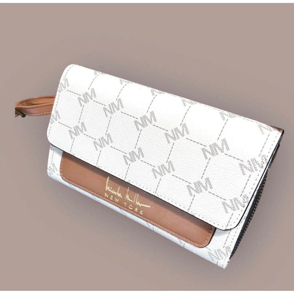 Nicole Miller New York Monogram Crossbody‎ Wallet Clutch White Cognac Brown NWT